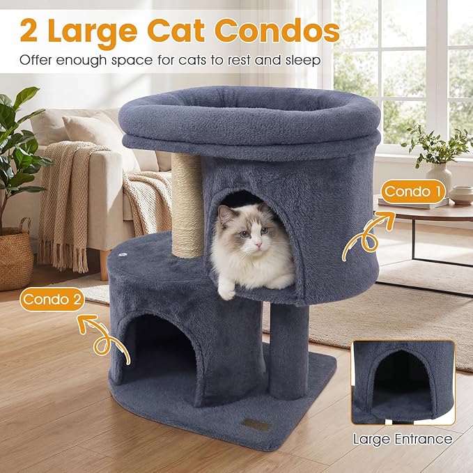 PETSITE 26-inch Small Cat Tree, with Sisal Scratching Post, Double Comfy Condos, and Spacious Top Perch, Ideal for Indoor Cats and Kittens (Dark Grey)