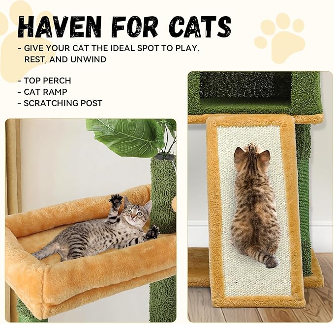 DWVO Cat Tree with Leaves for Large Cats: 72.8" Tall with Self-Grooming Brush, Cute Kitten Climbing Tower for Indoor Kittens with Cat Condo, Top Perch, Basktet, Sisal Scratching Posts, Dangling Ball