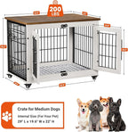 Lulive Dog Crate Furniture Set of 2, Dog Kennel Indoor Double Doors Wooden Dog Cage, 32'' Heavy Duty Dog Crate with Cushion & Wheels, End Table Pet House Chew-Resistant Up to 45 lb, White
