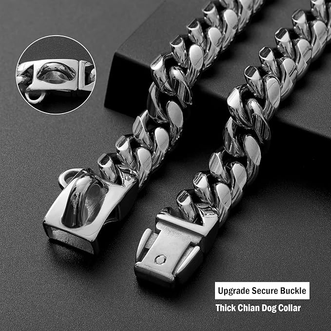 Strong Stainless Steel Silver Metal Dog Collars with New Secure Buckle,14MM Cuban Lock Link Chain Training Collar Necklace Chain for Small Medium Large Dogs