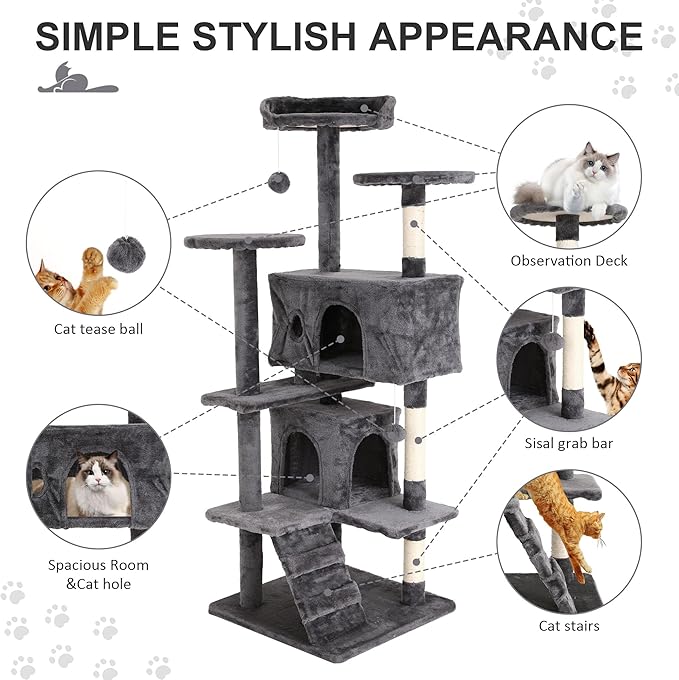 70" Multi-Level Cat Tree Tower with Scratching Posts, Toys & Condo - Space-Saving Design for Indoor Kittens, Compact Floor Footprint & Vertical Space for Multi-Cat Homes-Ashy
