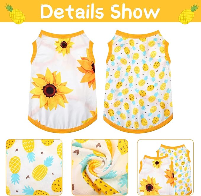 Frienda 4 Pieces Dog Clothes Set Include 2 Pcs Cute Pet Dress Lovely Dog Dress and 2 Pcs Breathable Pet T Shirt Puppy Clothes(Pineapple, Sunflower,Small)