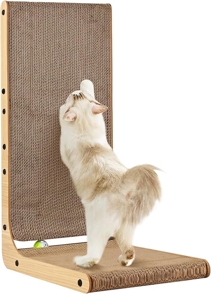 Cat Scratcher L Shape Large, 26.8 inch Cat Scratching Pad for Indoor Cats, Cardboard Cat Scratch Pad with Ball Toy