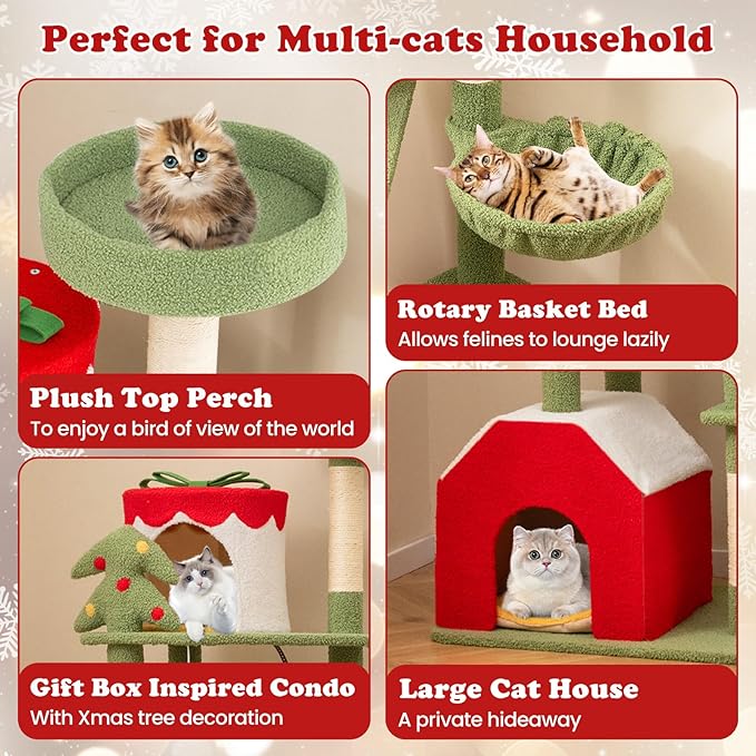 Tangkula Christmas Cat Tree, 61” Tall Cat Tower with Sisal Scratching Posts & Climbing Ladder, Plush Perch, Gift Box Shaped Condo, Hanging Toys, Basket Bed, Cute Cat Tree Tower Holiday Decoration