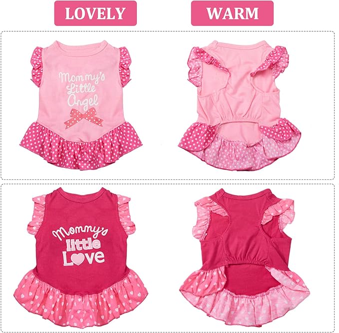 2 Pieces Dog Dresses for Dogs Cute Girl Female pet Dress Mommy Puppy Shirt Skirt Dresses Pet Summer Clothes Apparel for Cats(Love and Angel,Small)