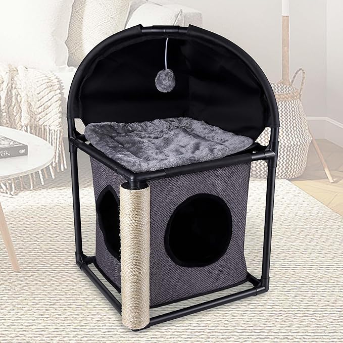 Goetland PVC Modern Cat Condo Cat House Cat Tree Small Cat Tower Bed Scratching Post Dangling Ball Hole for Kitty Indoors Cat Gray