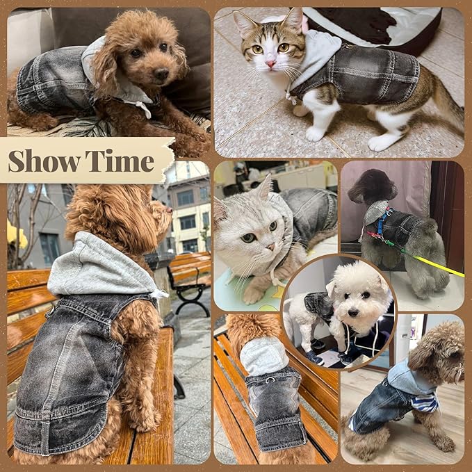 Cool Dog Jean Jacket Vest with D-Ring Black Denim Dogs Hoodies Outfits for Small Medium Dogs Cats Boy Male Dog Clothes Costume Dogggie Puppy Harness Coat for Frenchie Walking(Grey Hat,M)