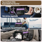 Top and 2 Sides Expandable Cat Carrier 18x13.5x9.5, TSA Airline Approved Dog Carriers for Small Dogs, Soft-Sided Pet Carrier with Self-Locking Zippers for Kitten,Rabbit, Puppy Purple
