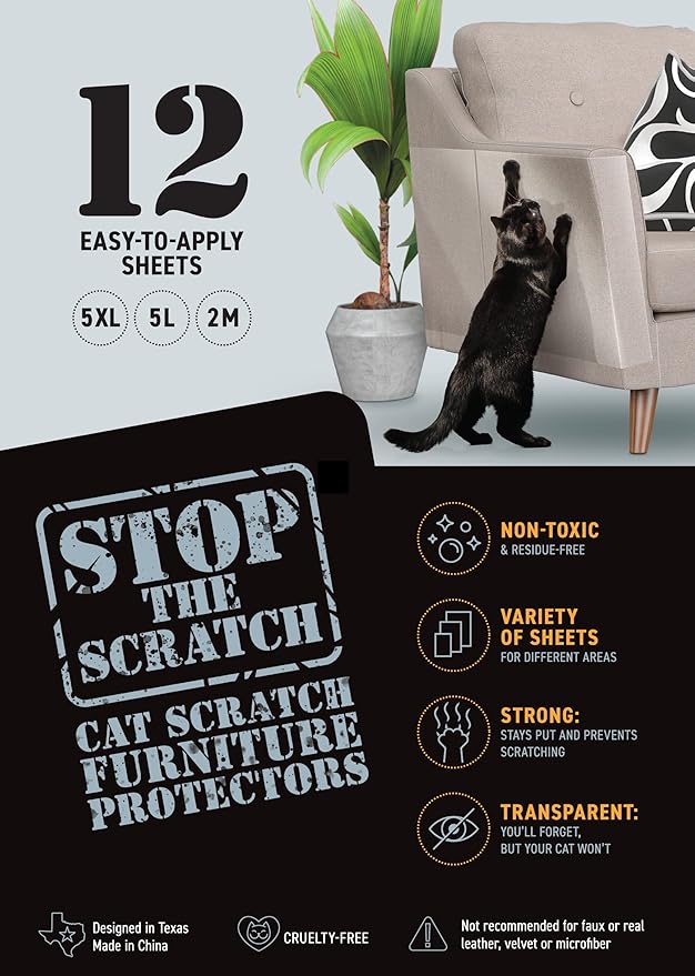Pro Strength Cat Scratch Deterrent Tape – 12 Clear Double-Sided Sticky Sheets to Protect Furniture – Pet-Safe, Transparent Anti-Scratch Adhesive for Cats