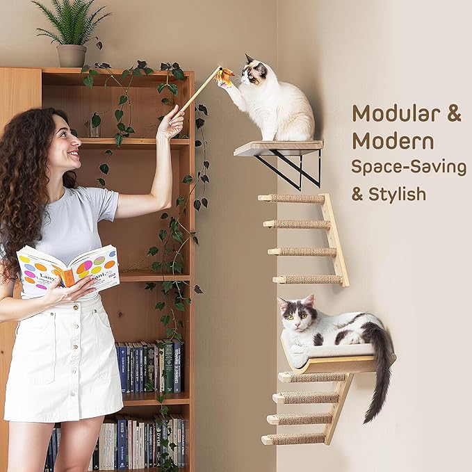 2PCS Wall Cat Tree Shelves, Reversible 4-Step Cat Ladders with Sisal Rope, Mountable Left & Right for Climbing and Scratching