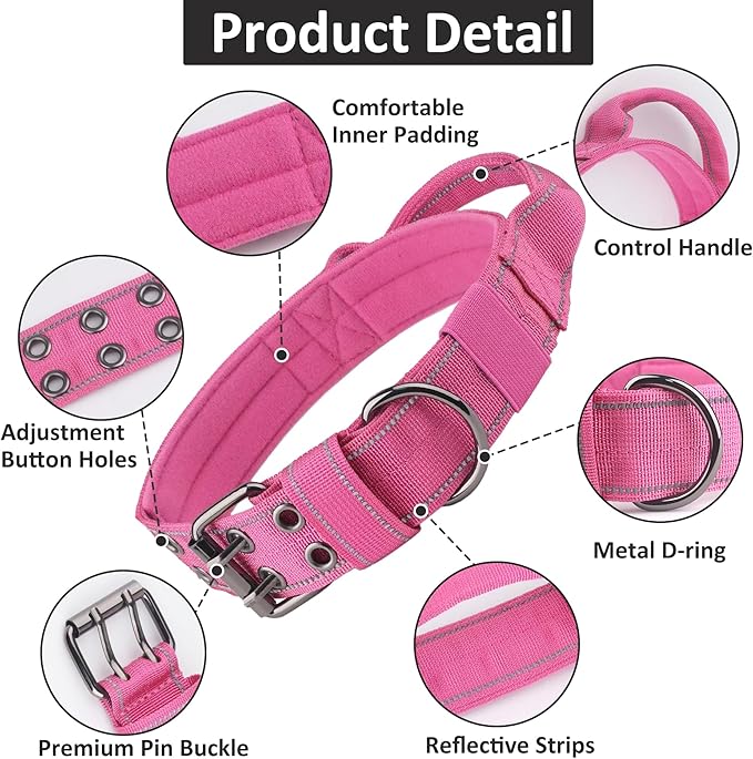 Tactical Dog Collar with Control Handle, Military Adjustable Pet Collar Reflective Heavy Metal Buckle Dog Collar, Soft Nylon Training Collar for Medium Large Dogs (Rose Red, Large)