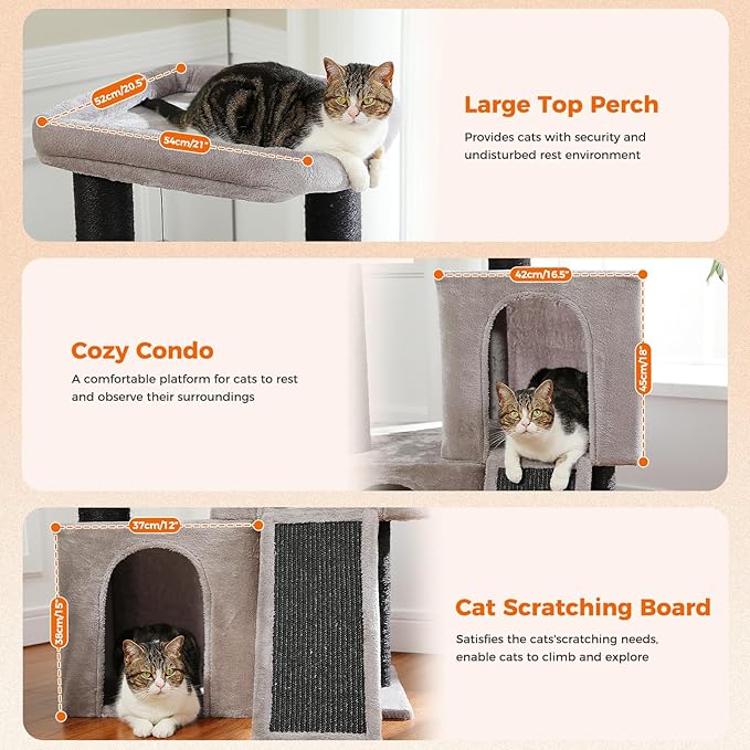 Cat Tree for Large Cats, 45" Heavy Duty Cat Tower with Dual Condos, 3 Thick Full Wrapped Sisal Scratching Posts(φ4.3), Spacious Padded Top Perch, Scratching Ramp and Toy Ball