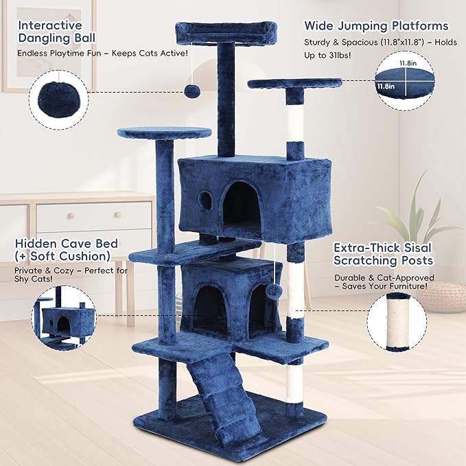 Cat Trees Towers for Large Cats, Cat Houses & Condos with Scratching Posts, Cat Bed Cave, Climbing Ladder, Pompoms, 54", Navy Blue