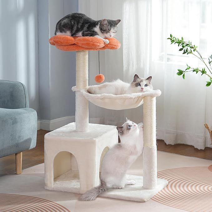 Flower Cat Tree with Large Hammock & Large Cat Scratching Post with Big Perch Double The Fun, Double The Comfort