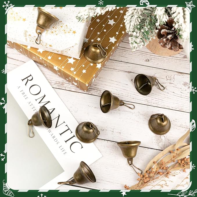 Craft Bells 12 Pcs Small Brass Bells for Crafts, Vintage Bronze Hanging Jingle Bells with Spring Hooks for Wind Chimes, Dog Training Doorbell, Mission Project, Wedding, Christmas, Easter & Home Decor
