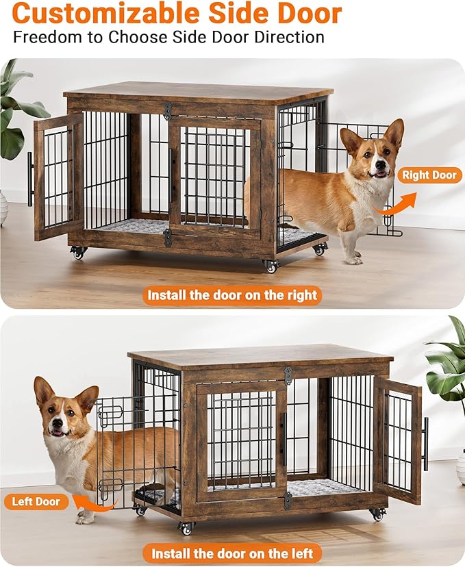 Dog Crate Furniture with Cushion, Wooden Dog Kennel Indoor with Double Doors, Dog Cage with Wheels, Dog House Side End Table for Small Medium Dogs up to 45 lb, 32.5” L, Rustic Brown