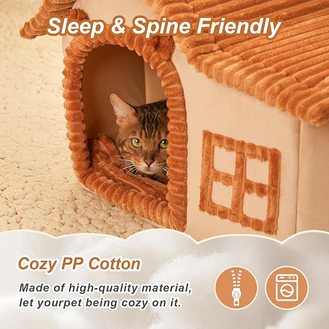 Jiupety Bear Cat Houses for Indoor Cats, Chimney Cute Cat Bed Cave, Enough Interior Space, Cartoon Soft Pet House Up to 3-15 lbs Puppy, Brown