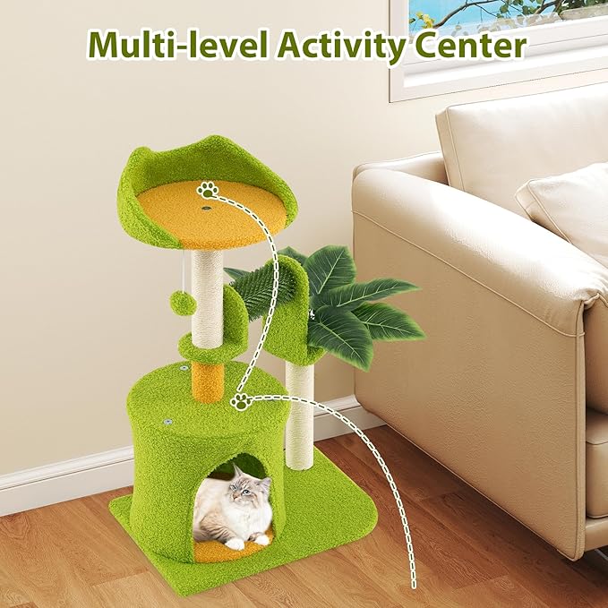 PETSITE Palm Cute Cat Tree, 31 Inches Tall with Sisal Scratching Posts, Condo, Dangling Ball, and Self Groomer, Ideal for Indoor Small & Medium Cats (19 x 13 x 31 inches)
