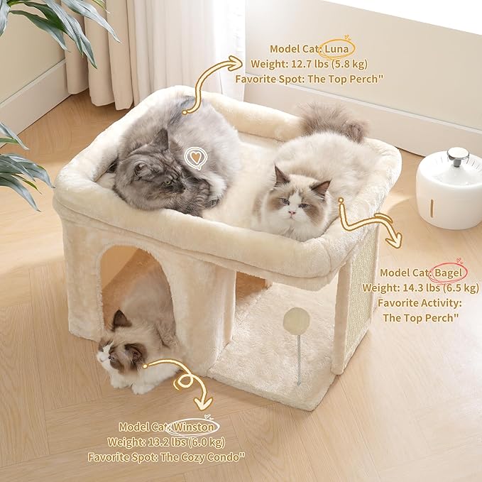 Heybly Cat Tree, 14 inch Cat Tower with Large Perch Bed and Cat Condo for Indoor Cats Large Adult, Cat House with Scratching Posts and Interactive Spring Balls for Your Kittens, Beige HCT203SM