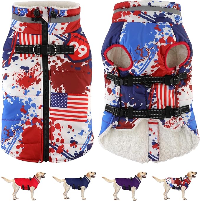 Dogcheer Dog Winter Coat, American Flag Dog Jacket with Harness, Adjustable Puppy Coat with Zipper, Waterproof Pet Fleece Jacket Snowsuit for Small Medium Large Dogs - US Flag XL