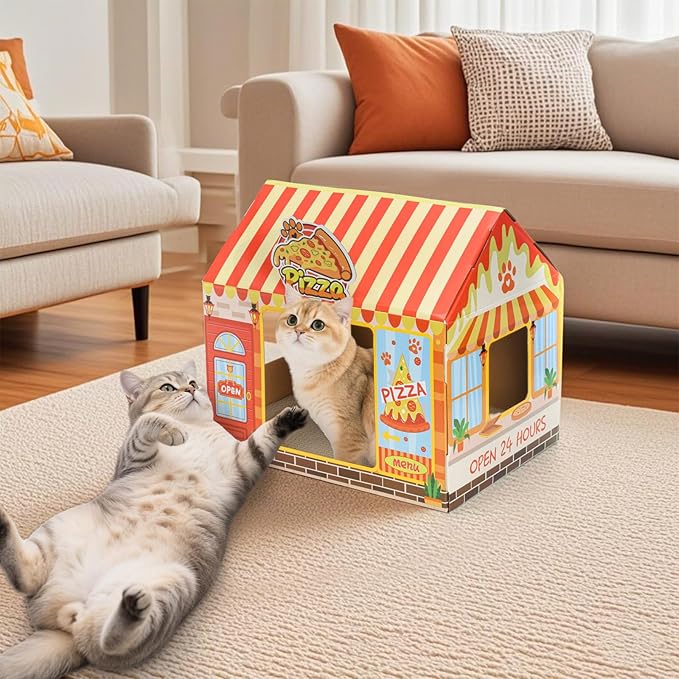2 Pack Cardboard Cat Houses with Scratcher, 16.5''x12.25''x15'' Cat Hideaway Playhouse, Kitty Scratching Beds for Indoor Cats, Pizza Shop Cat Furniture Condo Cave Tent for Bunny Small Animals