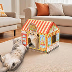 2 Pack Cardboard Cat Houses with Scratcher, 16.5''x12.25''x15'' Cat Hideaway Playhouse, Kitty Scratching Beds for Indoor Cats, Pizza Shop Cat Furniture Condo Cave Tent for Bunny Small Animals
