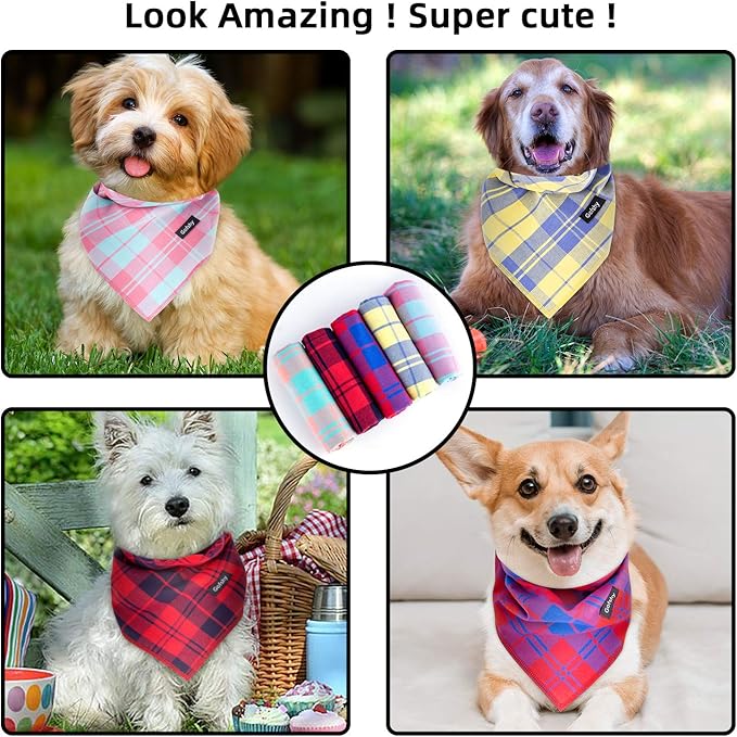 Dog Bandanas-5PCS Birthday Gift Puppy Bandana Vibrant Color Plaid Printing Adjustable Scarf Bib Handkerchief Accessories for Medium Large Dog Pet