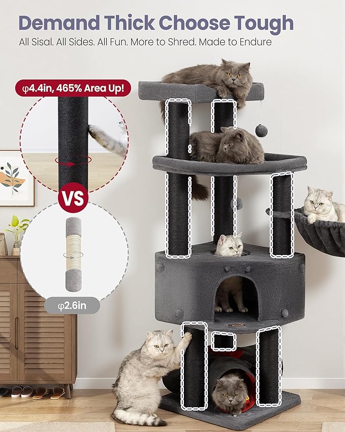 Heavy Duty Cat Tree for Large Cats Adult - 60 Inch XXL Sturdy Cat Tower Condo with Extra Wide Scratching Posts (φ4.4in) Big Cat House Hammock Perch - Indoor Wood Modern Multi Level Corner Cat Bed