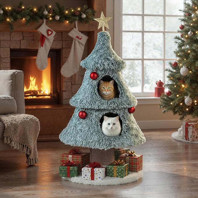 PETSITE 48.5 Inches Cat Christmas Tree, Cute Cat Tower with Scratching Post, 2 Comfy Condos and Decorative Festival Dangling Balls, Star-Shaped Ornament Sits at The Top, Soft Polar Fleece Covered