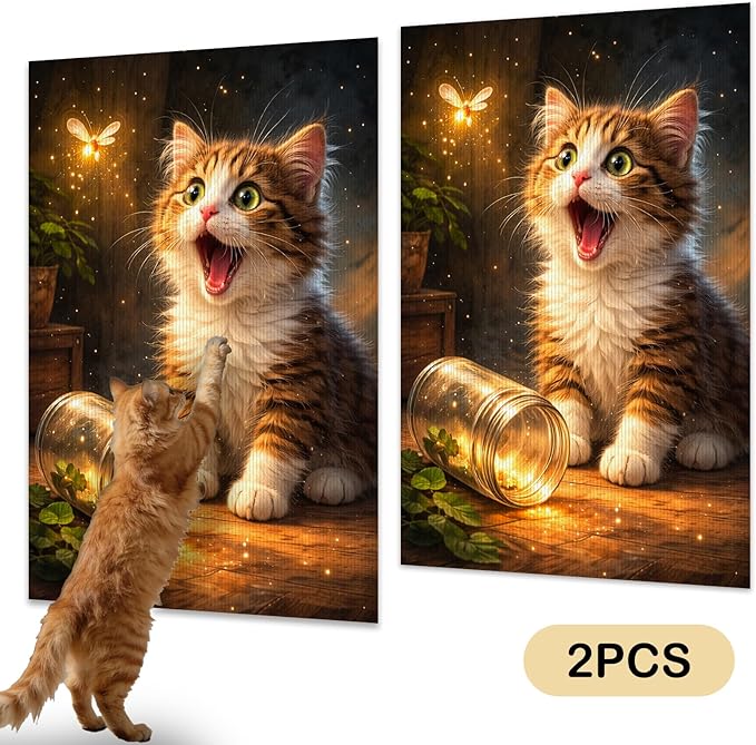 Nuxovilar Cat Scratch Pad 15.3x23.6 Inches Polyester Synthetic Fiber, Kitten & Firefly Print, wall cat Scratcher, Scratching mat, Home Decor, Playroom, Apartment (2pcs)