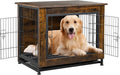 Shintenchi Wooden Dog Crate Furniture for Large Breed, L Double-Door Kennel Indoor with Removable Tray, End Table L Dog Crate for Decoration, 44.1" L, Brown