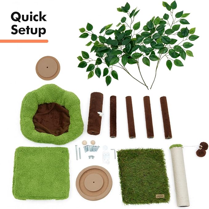 Small Cat Tree with Scratching Post and Ball Track, Green Cat Tower with Lifelike Leaves for Kittens and Small Cats, 2-Door Cat Condo and Interactive Cat Toys for Indoor Cats