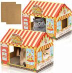 2 Pack Cardboard Cat Houses with Scratcher, 16.5''x12.25''x15'' Cat Hideaway Playhouse, Kitty Scratching Beds for Indoor Cats, Pizza Shop Cat Furniture Condo Cave Tent for Bunny Small Animals