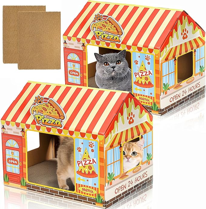 2 Pack Cardboard Cat Houses with Scratcher, 16.5''x12.25''x15'' Cat Hideaway Playhouse, Kitty Scratching Beds for Indoor Cats, Pizza Shop Cat Furniture Condo Cave Tent for Bunny Small Animals