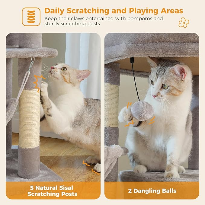 71.2 Inches Tall Cat Tree for Large Cats, Multi-Level Cat Tower with 2 Cozy Condos, Super Large Top Perch, 3 Hammocks, Sisal Scratching Posts and 2 Pompoms, Grey
