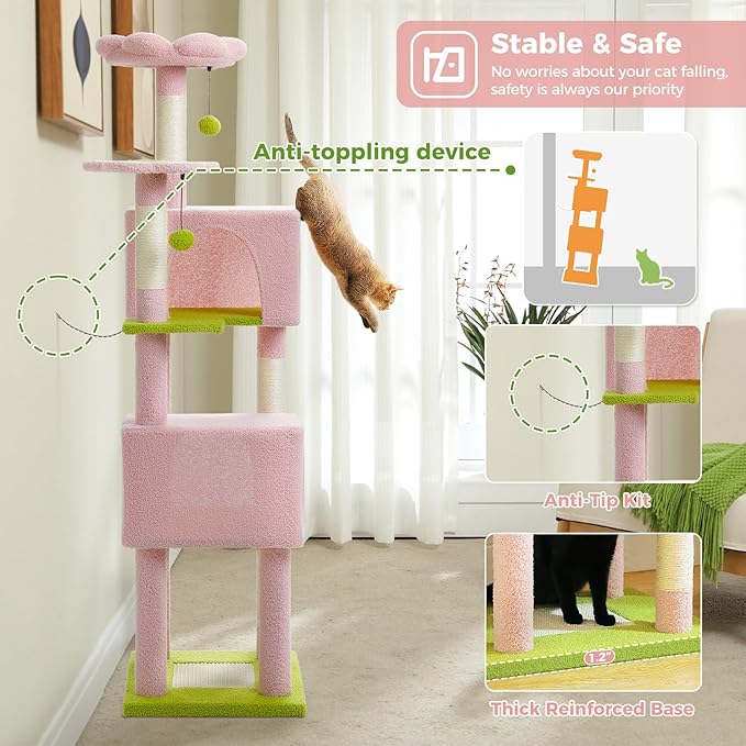 Flower Cat Tree, 62-Inch Tall Multi-Level Cat Tower with Scratching Posts, Cat Condos for Large Indoor Cats, Plush Cat Bed w/Padded Perches, Scratching Pad & 2 Green Pompoms, Pink