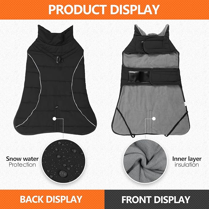Dog Coats for Medium Large Dogs, Winter Puffer Jacket Waterproof, Warm Fleece Dog Vest with D-Ring, Drawstring & 2 Hidden Elastic Bands, Quilting Large Pet Warm Jackets for Cold Weather