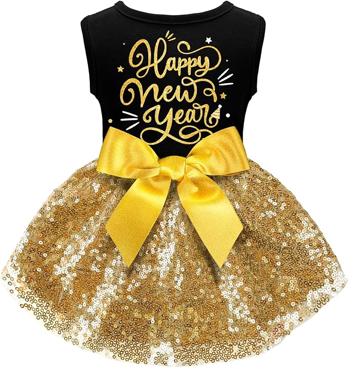 Dog Happy New Year Outfit Dog Dress New Years Pet Costumes for Dogs Funny Puppy Dress with Bow for Small Medium Dogs Girls Cats