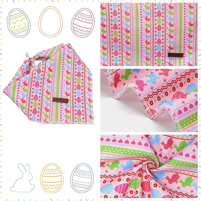 Elegant little tail Easter Dog Bandana, Bunny with Flower 1PC Washable Dog Scarf Female or Male Square Bib Kerchief Scarf Adjustable Pet Bandana for Medium Large Dogs