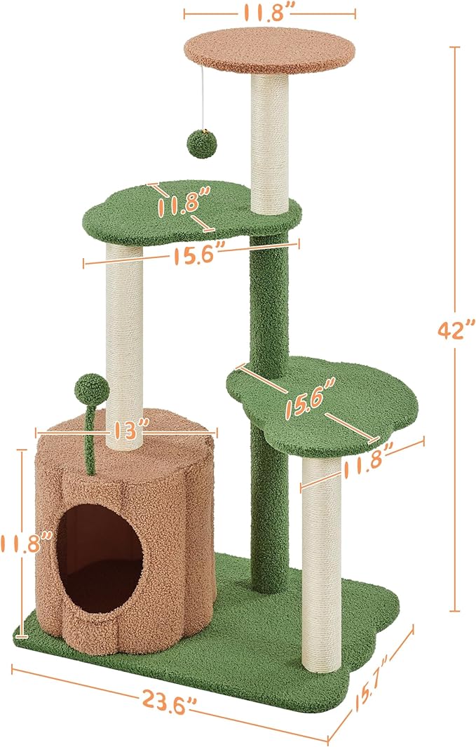 Yaheetech 42in Cactus Cat Tree, Green Cat Tree Tower w/Pumpkin Condo, Multi-Level Perches, 3 Scratching Posts, Teasing Ball for Indoor Kittens