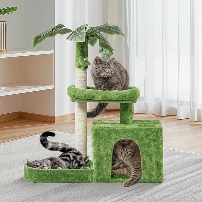 Magshion 32" Cat Tree for Kittens and Senior Cats, Leaf-Themed Small Cat Tower with Scratching Posts, Cozy Condo, Low Perch & Hanging Toys for Indoor Cats, Space-Saving Cat House, Green