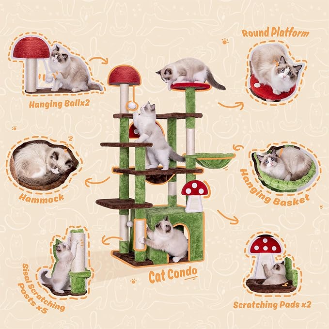 IRONCK Mushroom Cat Tree for Indoor Cats, 58" Multi-Level Cat Tower with Scratching Posts, Anti-Tip Extra Wide Base, Plush Cat Condo & Hammock Furniture for Cats, Easy Assembly
