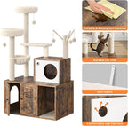 Modern Wooden Cat Tower with Hidden Litter Box Enclosure, Multi-Level Cat Condo, Scratching Posts, Cozy Hanging Basket & Toy, Durable Cat Tree Furniture for Indoor Cats, Vintage Brown