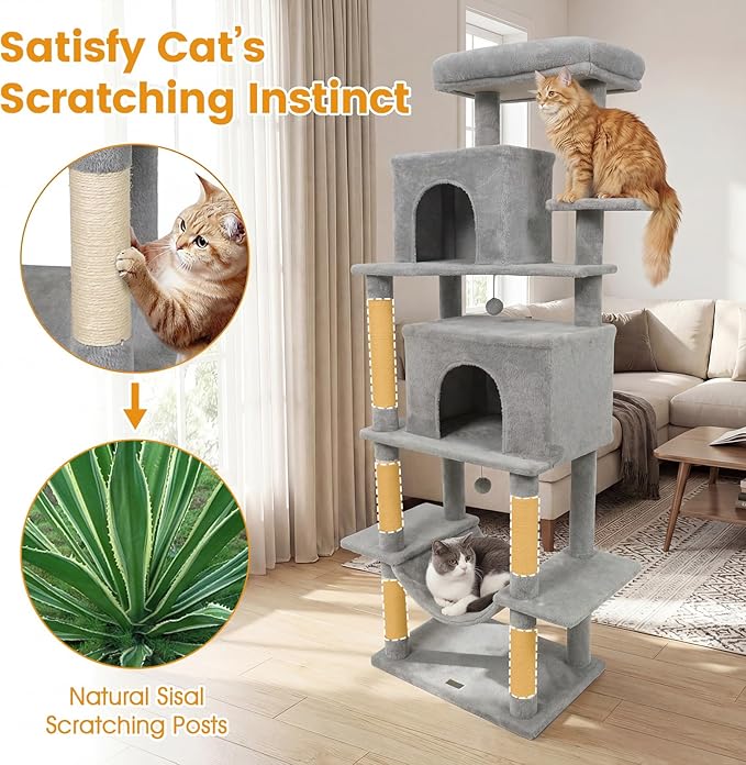 PETSITE 70-inch Tall Cat Tree, Modern Multi-Level Cat Tower with 2 Comfy Condos, Sisal Scratching Posts, Snug Hammock, and Dangling Ball, Ideal for Indoor Cats and Kittens (Grey)
