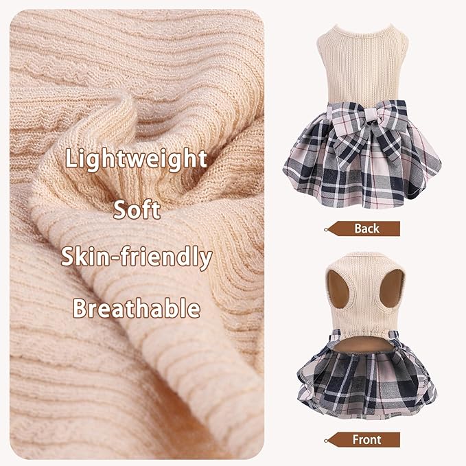 PUPTECK Classic Plaid Dog Dress Pet Apparel with Cute Bowtie Puppy Clothes Outfit,Cream,M
