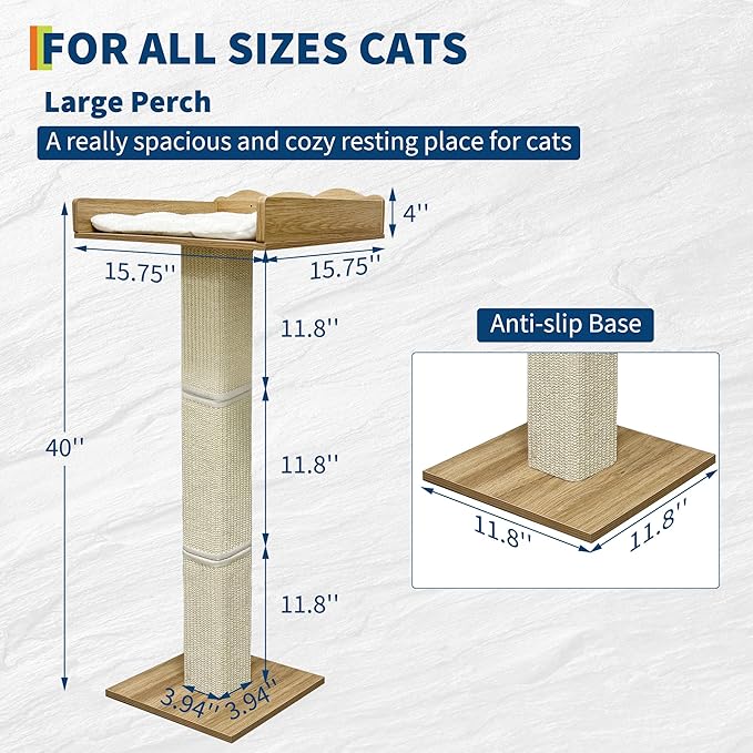 GarveeLife Cat Window Perch with Tall Scratching Posts and 2 Platforms, 40 in Sisal Climbing Tree Hammmock with Suction Cups, 2 Install Ways, Cats Window Bed with Removable Cushion