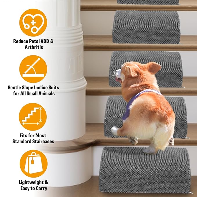 40D Dog Ramp for Stairs for Small & Senior Dogs and Cats – Non-Slip Stair Ramp for Dogs with Gentle Slope, Pet Ramp with Washable Cover & Self-Sticky Pads for Safe Climbing Easy Install(Grey, 5 Pack)