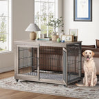 Dog Crate Furniture with Cushion Set of 2, Wooden Dog Kennel Indoor with Double Doors, Dog Cage with Wheels, Dog House Side End Table for Large Dogs up to 85 lb, 44" L, Grey