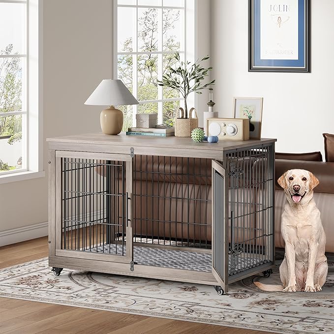 Dog Crate Furniture with Cushion Set of 2, Wooden Dog Kennel Indoor with Double Doors, Dog Cage with Wheels, Dog House Side End Table for Large Dogs up to 85 lb, 44" L, Grey