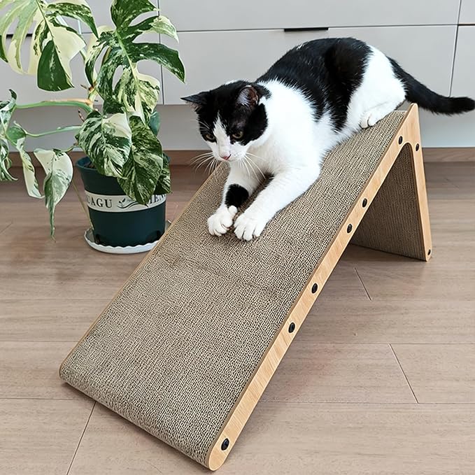 Large Cat Scratcher & Scratching Post, 27.6" Tall L-Shape Cat Scratch Board & Pad for Indoor Cats, Leans Against Wall & Sofa, High-Strength Cardboard with Bell, Catnip & Teaser Wand